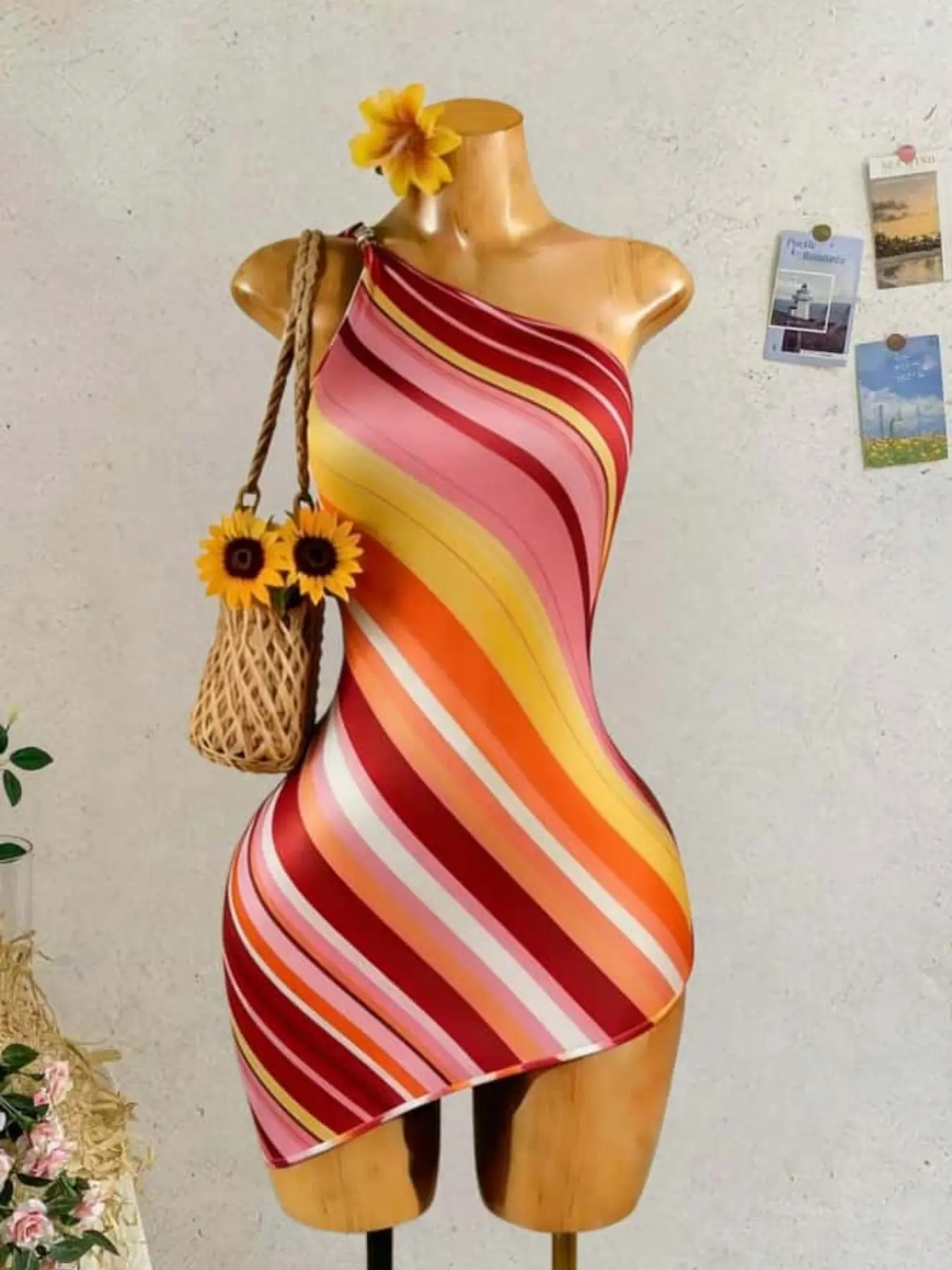 Boho Vacation Style Rainbow Striped Off-Shoulder Halter Mini Dress, Boho Holiday Dress, Asymmetrical Hem, Bodycon, Sexy Mini Dress for Women