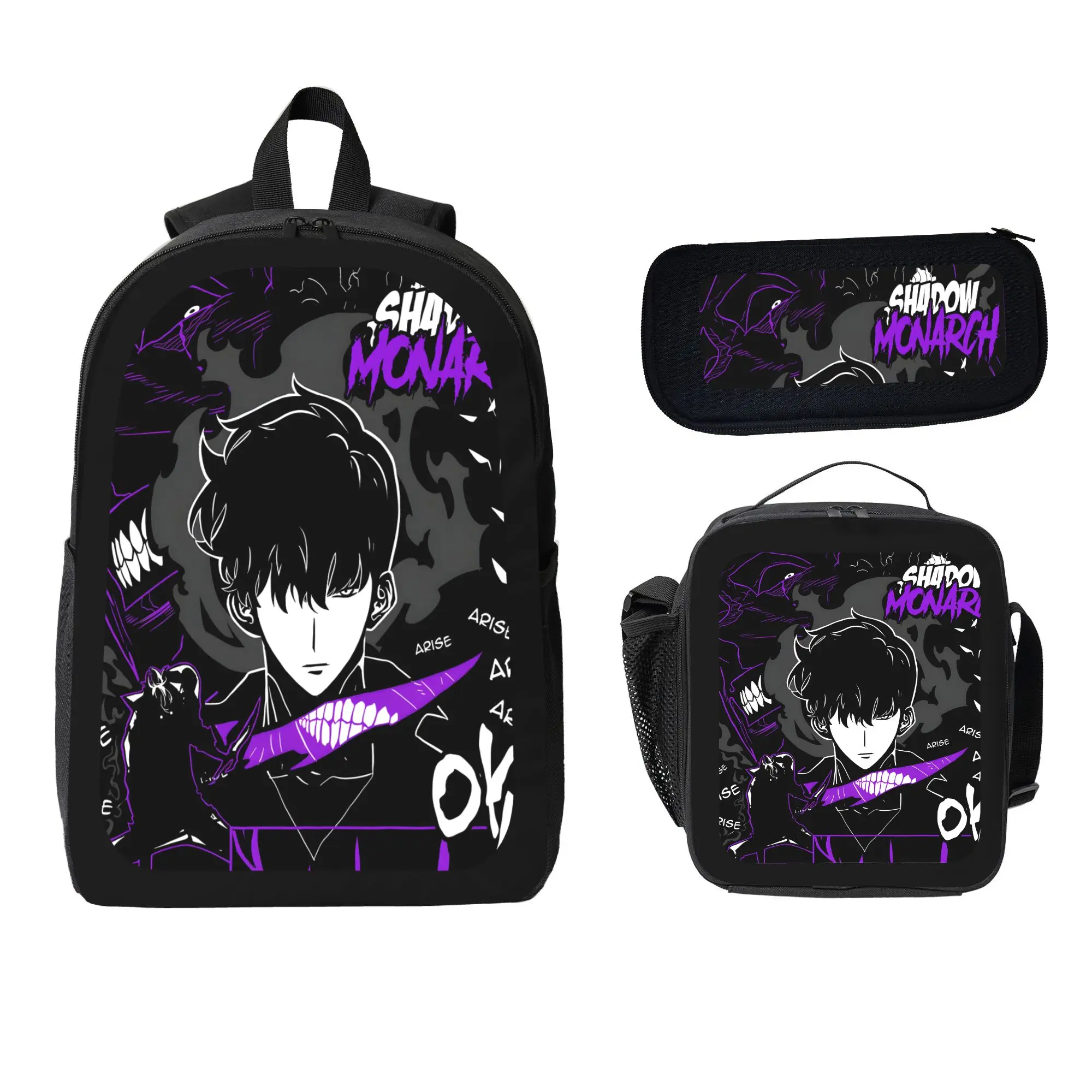 Unisex 3-Piece Anime-Themed Dark-Theme Backpack Set – Includes Zip Daypack, Crossbody/Shoulder Bag, and 3-Stationery-Item Pencil Case for Students, Character Art, 3 Stationery Items