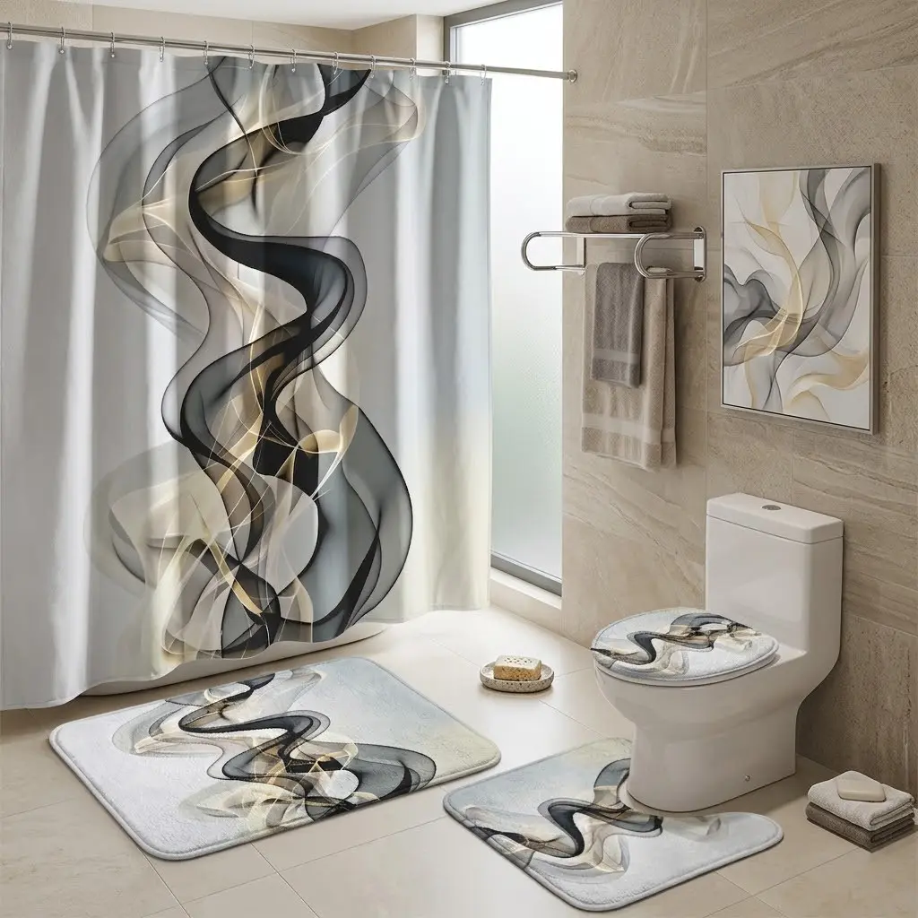 4pcs Elegant Abstract Bathroom Set, Flowing Shower Curtain Sets, Coordinated Toilet Seat Cover, Plush Bath Mats, Stylish Contemporary Space