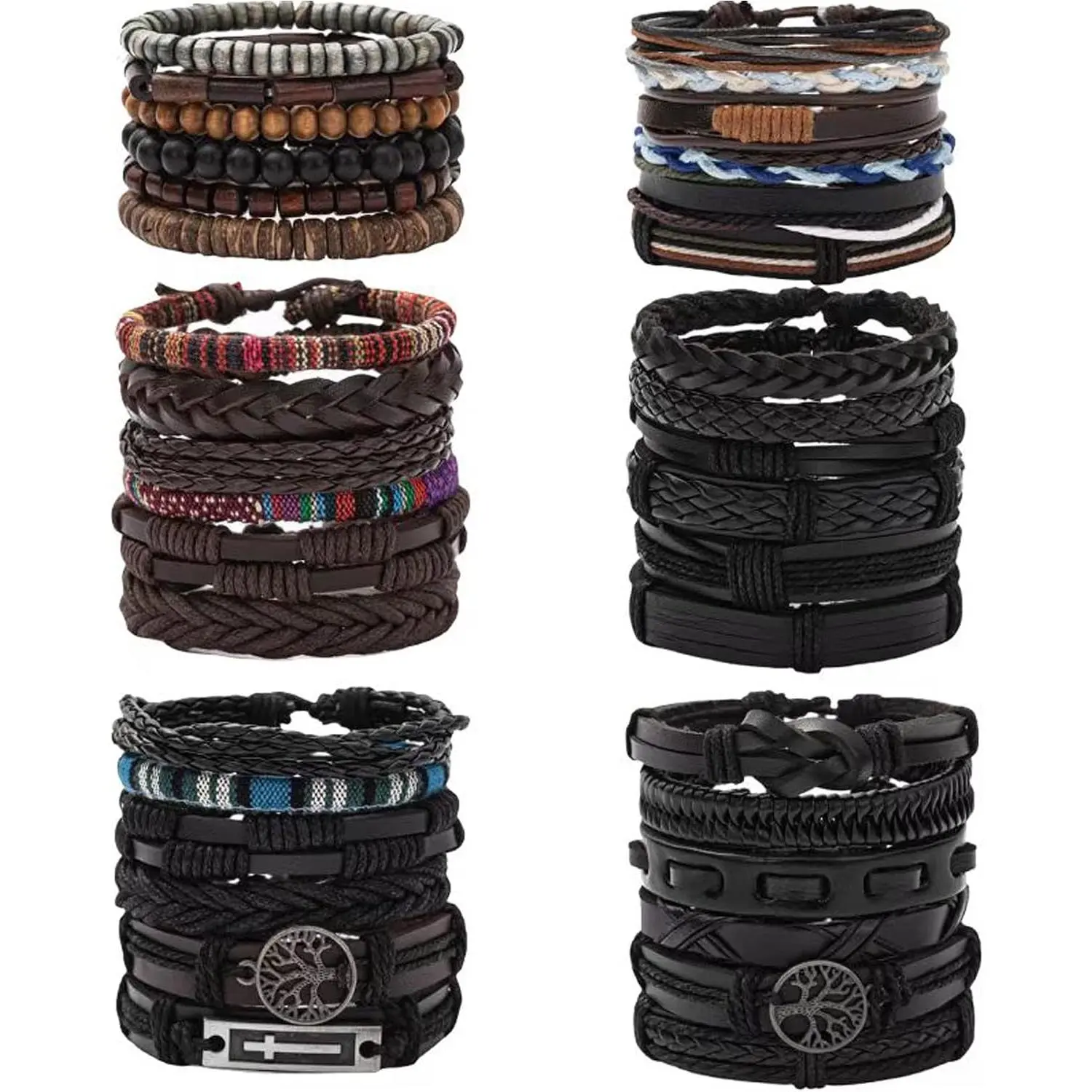 36 count Braided Leather Bracelets for Men Women  Wrap Woven Cuff Bracelets Wooden Beaded Bracelets  Ethnic Tribal Wristbands Bracelet Set Adjustable