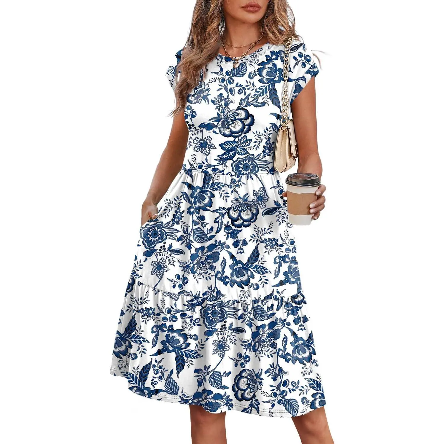 WIHOLL Women's 2026 Summer Maternity Dress - Cap-Sleeve, Round Neck, Cute Floral Tiered Swing Style, Lightweight Breathable Pockets-Equipped Everyday Fabric, Casual Wear for Beach Vacation