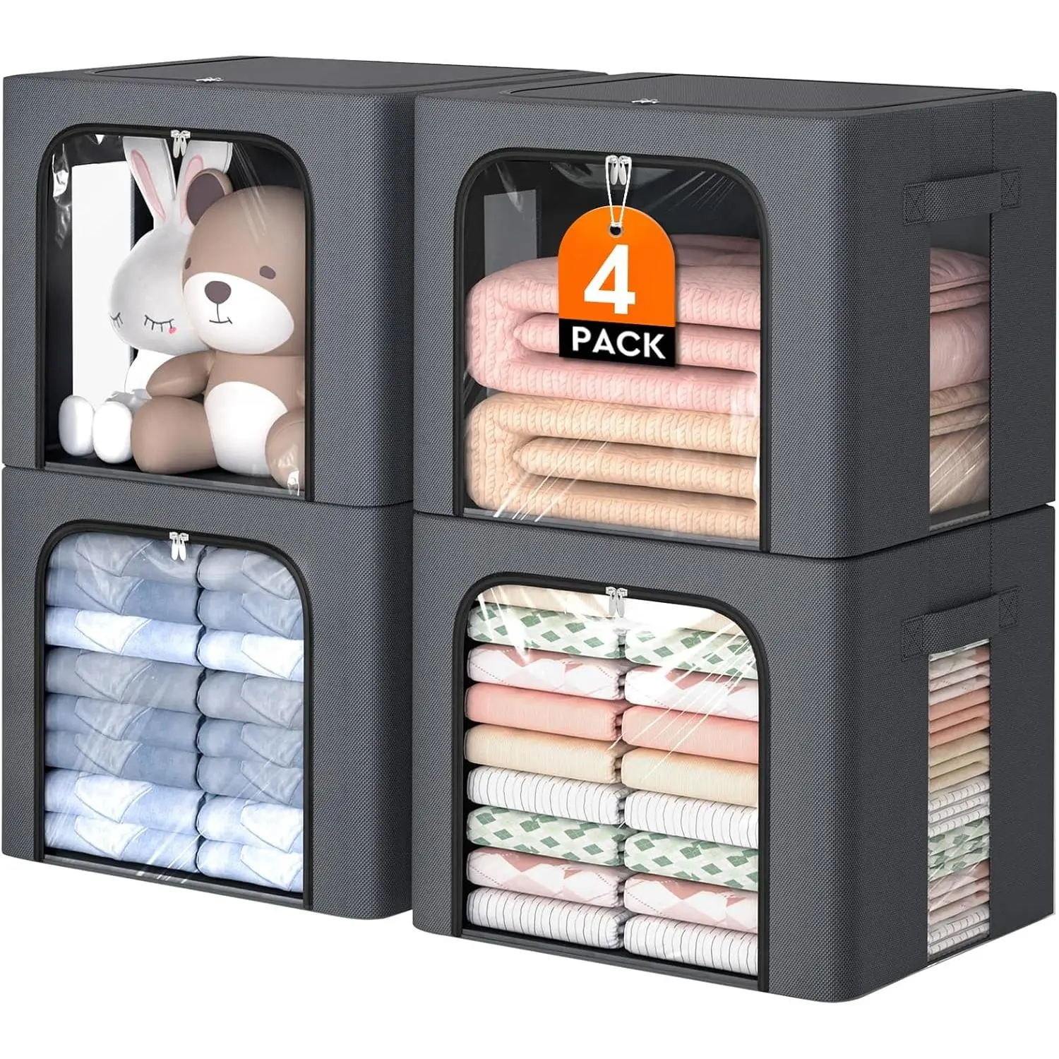 4 Pack Clothes Storage Bins with Metal Frame, 40L Foldable Fabric Storage Boxes with Clear Window, Front & Top Zipper Openings, Stackable Organizer Bins with Handles for Closet & Bedroom (Light Grey)