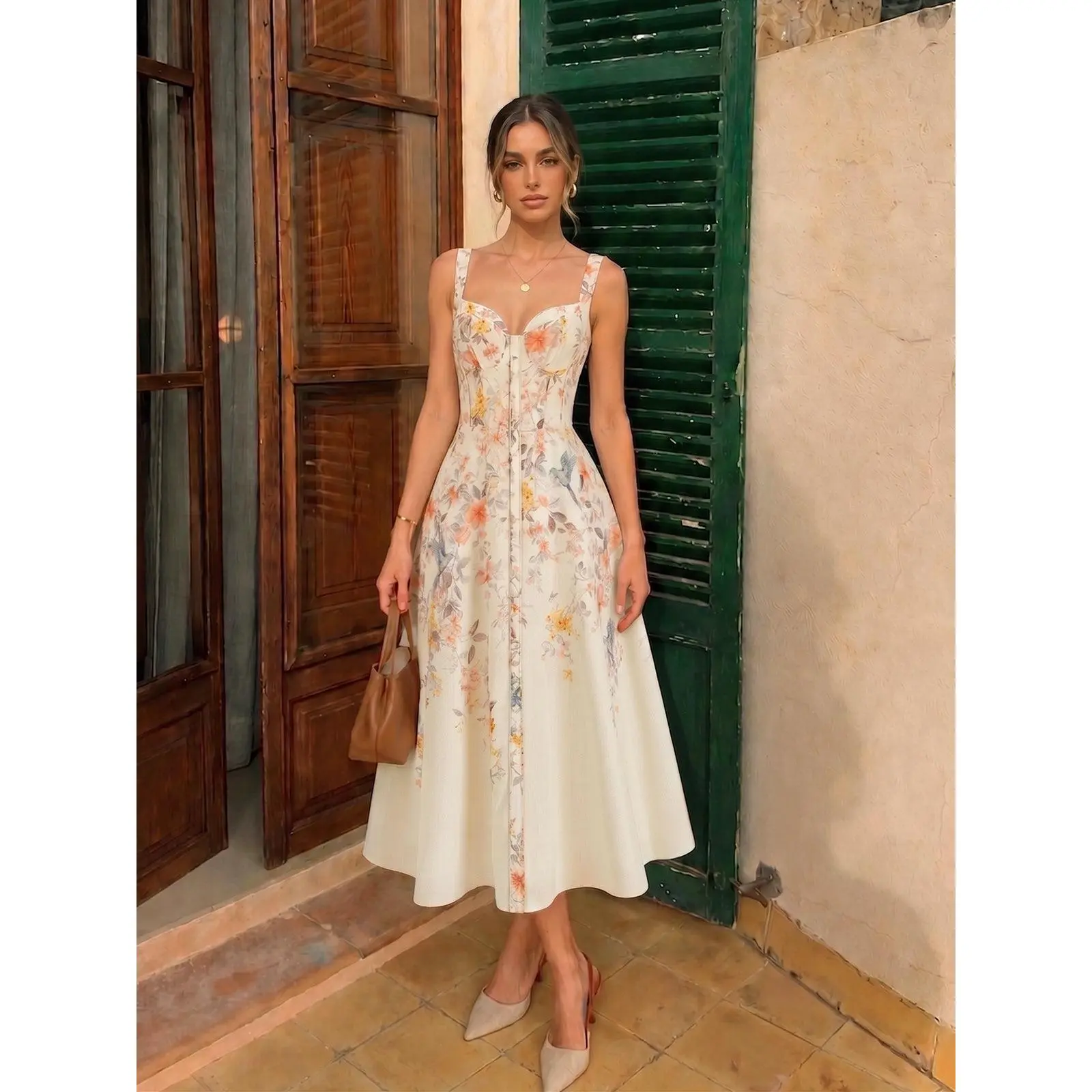 Floral Bird Print Bustier Strap Midi Dress