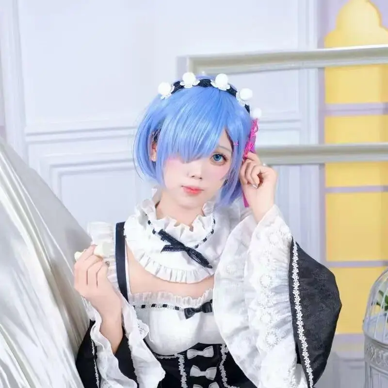 Anime Rem Ram Cosplay Wig Lolita Girl Pink Blue Bobo Hair Heat Resistant Synthetic Wigs Halloween Carnival Costume Prop
