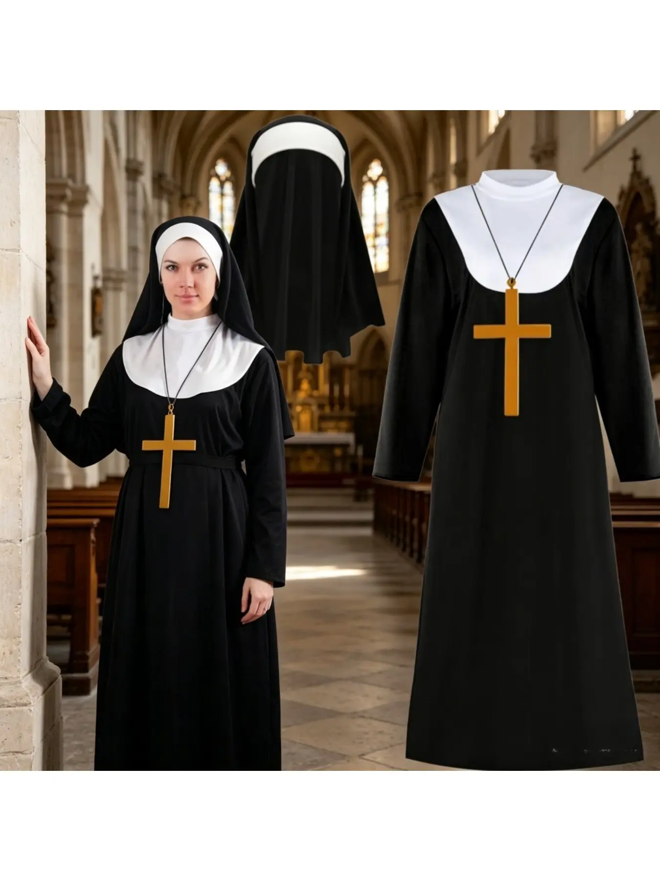 Costumes Accessories Missionary Priest Robe & Virgin Mary Nun Costume Complete Outfit with Headscarf and Cross Cosplay Accessory for Cosplay Party, Halloween & Stage Performance Clothes Cosplay Set