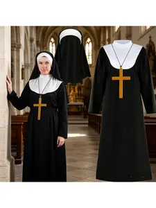 Costumes Accessories Missionary Priest Robe & Virgin Mary Nun Costume Complete Outfit with Headscarf and Cross for Cosplay Party & Stage Performance