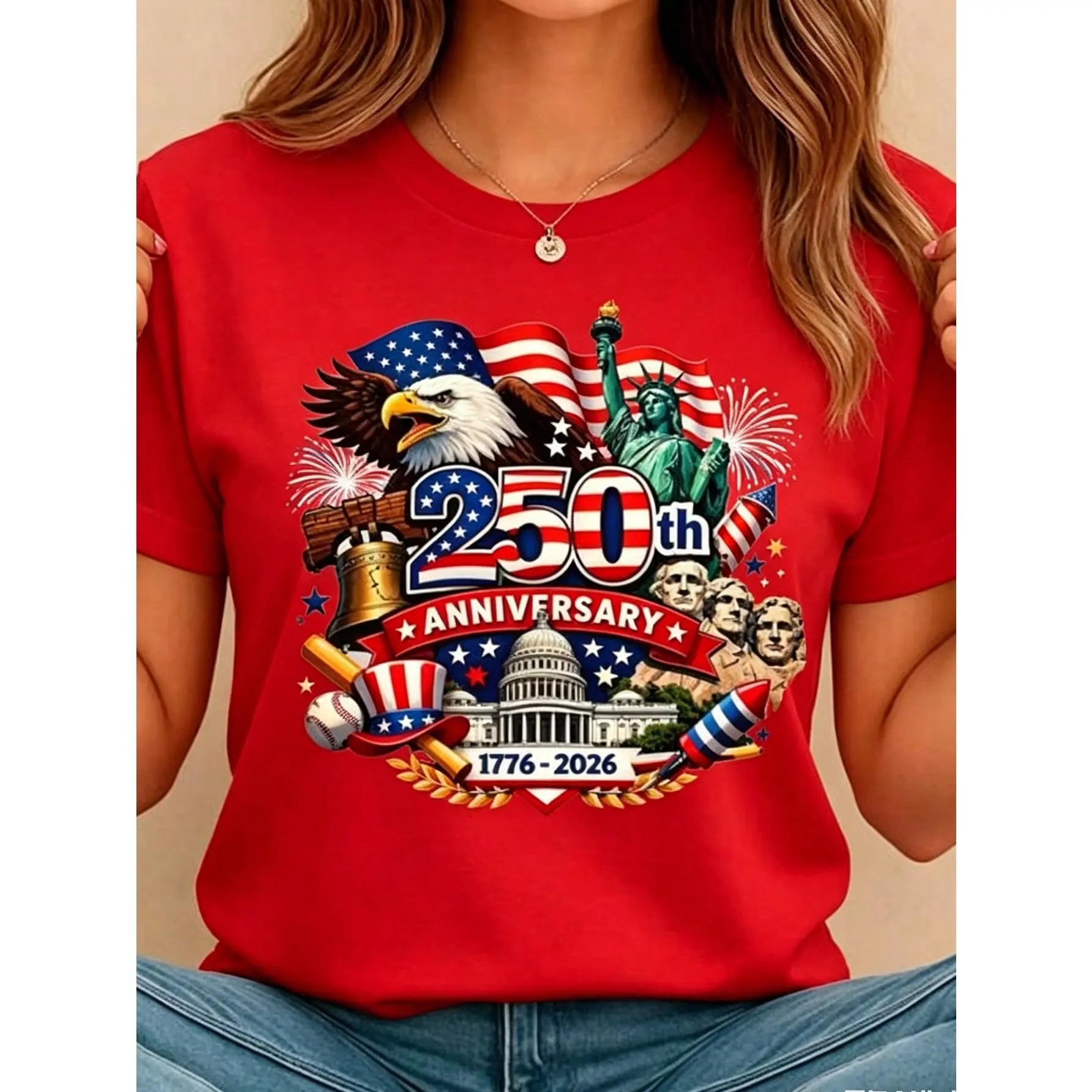 Patriotic Print T-Shirt for Women, Casual Short Sleeve Crewneck, Soft Lightweight Knitted Fabric with a Regular Fit for Holiday Wear, Shortsleeve, Tops, Piece, Round Neck, Christmas, Do Not Dry Clean, Polyester, Elegant, Party, Regular Sleeve, Skin Friend