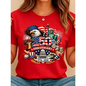 Lady's Knitted Short-Sleeve Crew Neck Summer Tee, USA 250th Anniversary Patriotic Print, Regular Fit Sports Top for National Celebrations, Party, Festival