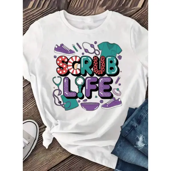 Scrub Life Women's Short Sleeve Nursing Scrubs Top - Symbols & Themed Motifs, Comfort Fit Round Neck -Compatible Shirt Suitable for Healthcare Professionals, Machine Washable Workwear for Clinic, Hospital, Nursing Uniforms