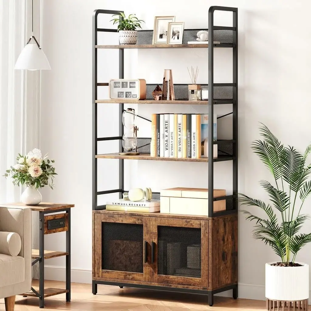 70.87 in Industrial 4-Tier Sturdy Bookshelf Door Cabinet - Mdf+Metal, Mesh Doors, Open-Closed Storage, Adjustable Feet, Anti-Tip Straps, Safety in Busy Workspaces, Modern Design (Assembly Required) - Office Furniture Racks & Shelves