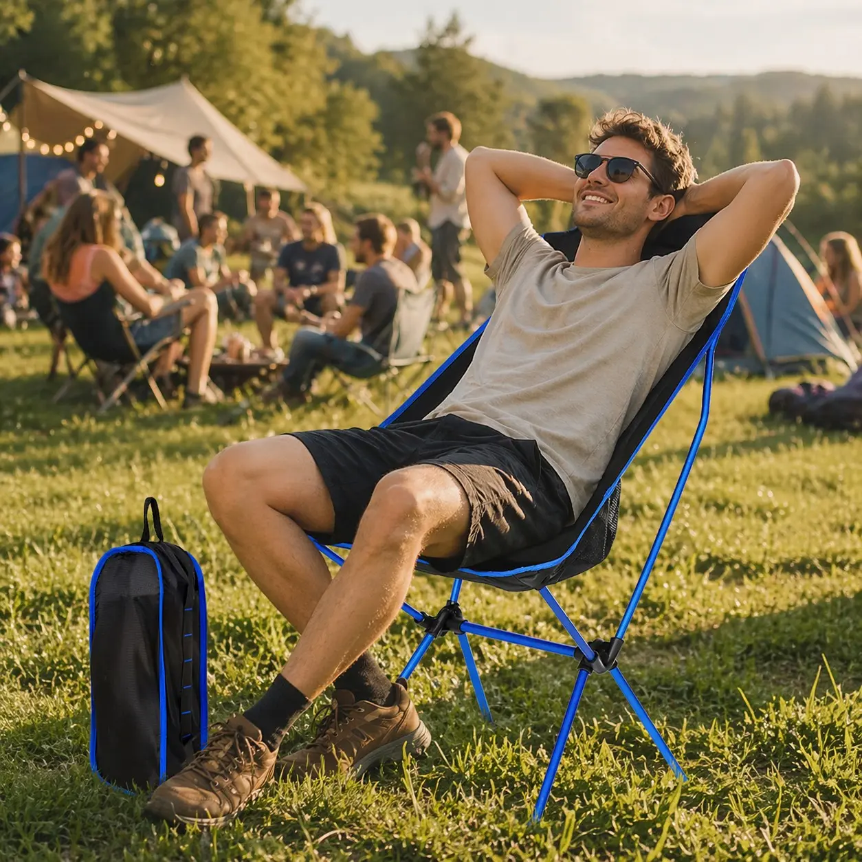 Outdoor Camping Folding Chair, Lightweight Relaxing Lazy Lounge Chair, Aluminum Alloy Large Moon Chair, Ideal for Camping, Picnic, Beach, Lawn, Fishing