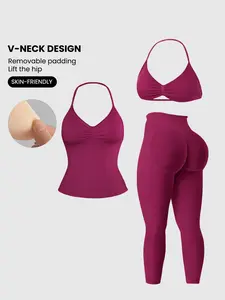 Women's 3-Piece Sports Set with Halter Top, Detachable-Pad Bra and High Waist Leggings, Butt-Lifting and Abdominal Support, Ideal for Yoga, Fitness and Daily Wear, Stretchy Suit Set
