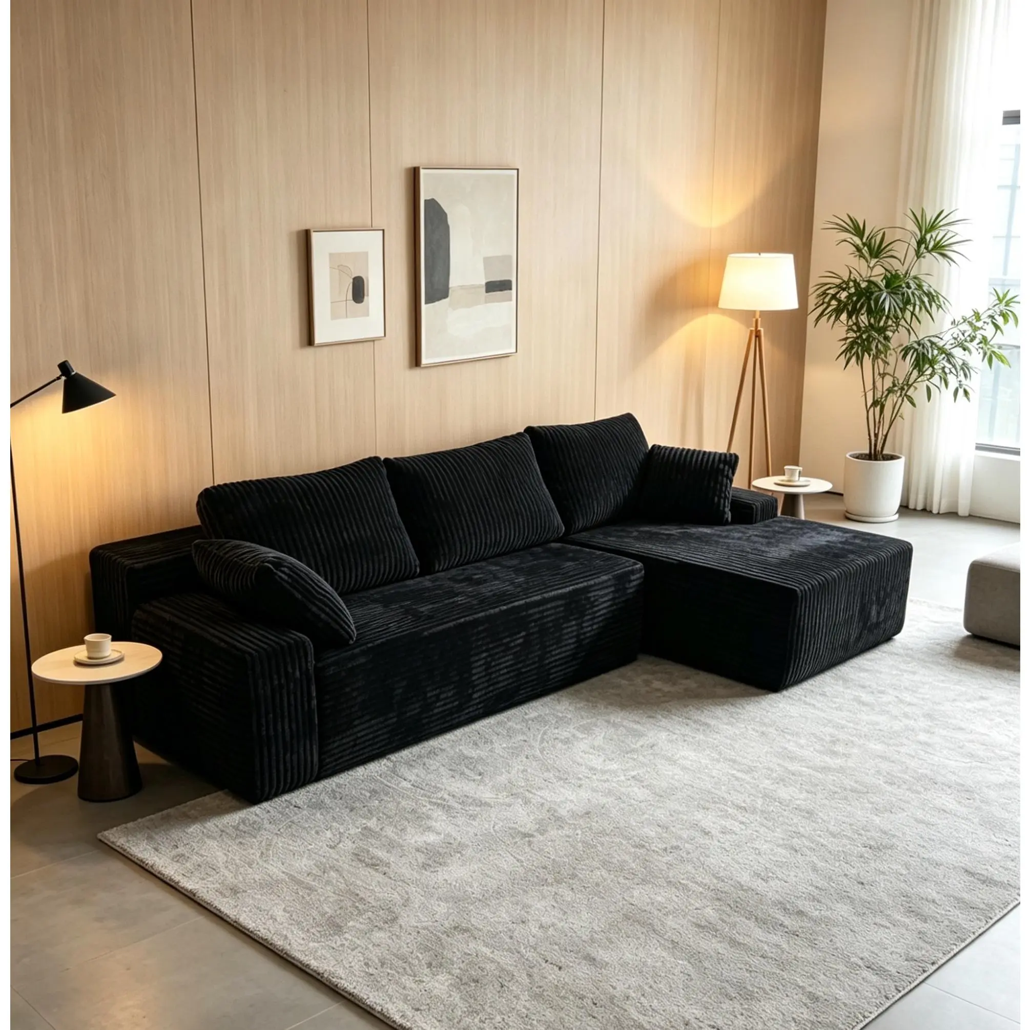 96 inch l shape sofa, vacuum compressed sectional couch, black corduroy cloud sofa, no assembly apartment furniture, deep seat chaise lounge sofa, space saving modular couch, small apartment living room furniture