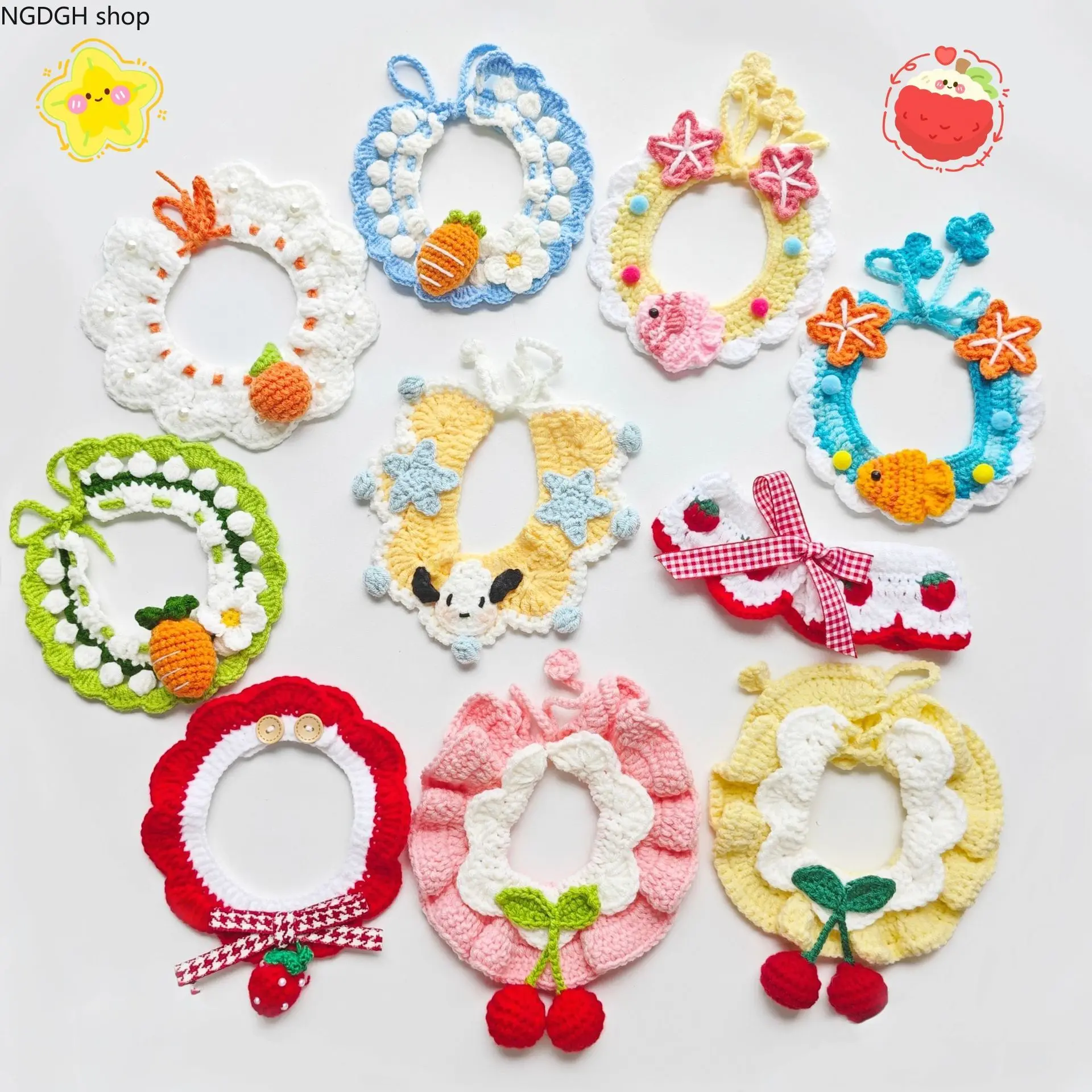 Kawaii Bib - Flower Strawberry Crochet Pet Bib Collar Kawaii Adjustable Cat Dog Kitten Puppy Cute Saliva Towel Daily Fashion Accessory