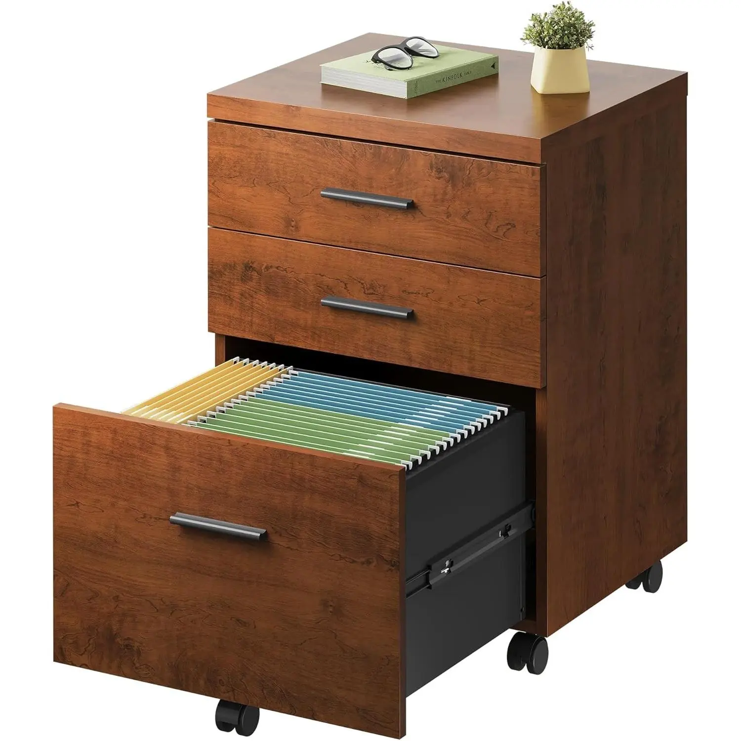 3 Drawer File Cabinet for Home Office, Wood Under Desk Filing Cabinet, Rolling Printer Stand with Wheels, Walnut