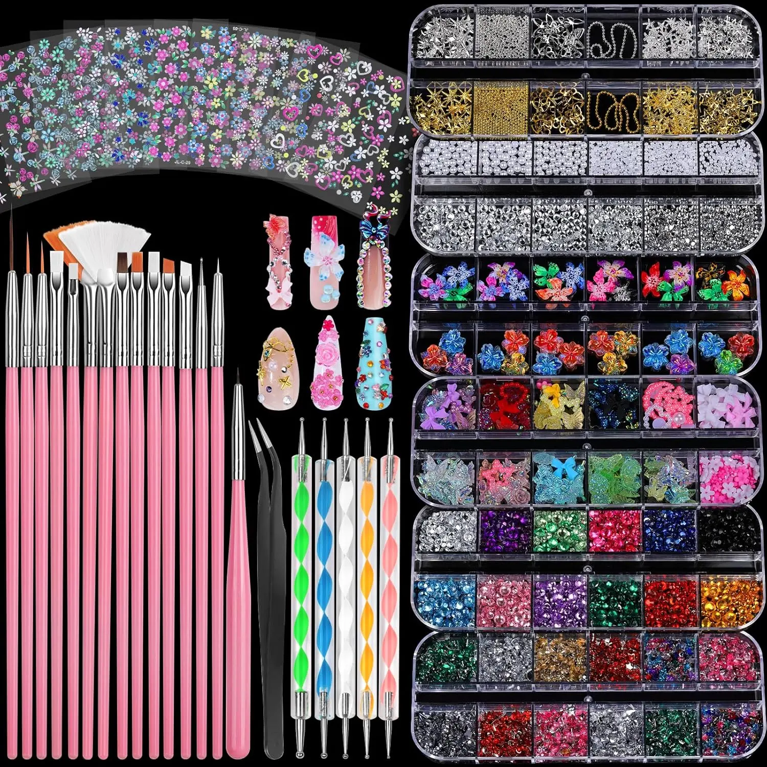 Nail Charms and Nail Brushes, Nail Accessories Kit with 15 Pcs Nail Art Brushes, 6 Box Nail Charms and Gems, 10 Pcs Flower Nail Stickers, 5 Pcs Dotting Tools, Nail Art Kit with Nail Brushfidget toys