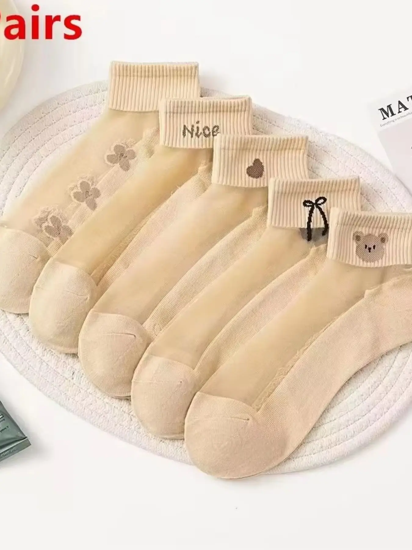 5 Pairs Vibrant Bow Pattern Nude Stockings, Elegant Fashion Design, Suitable for Special Occasions, High-Quality Fabric