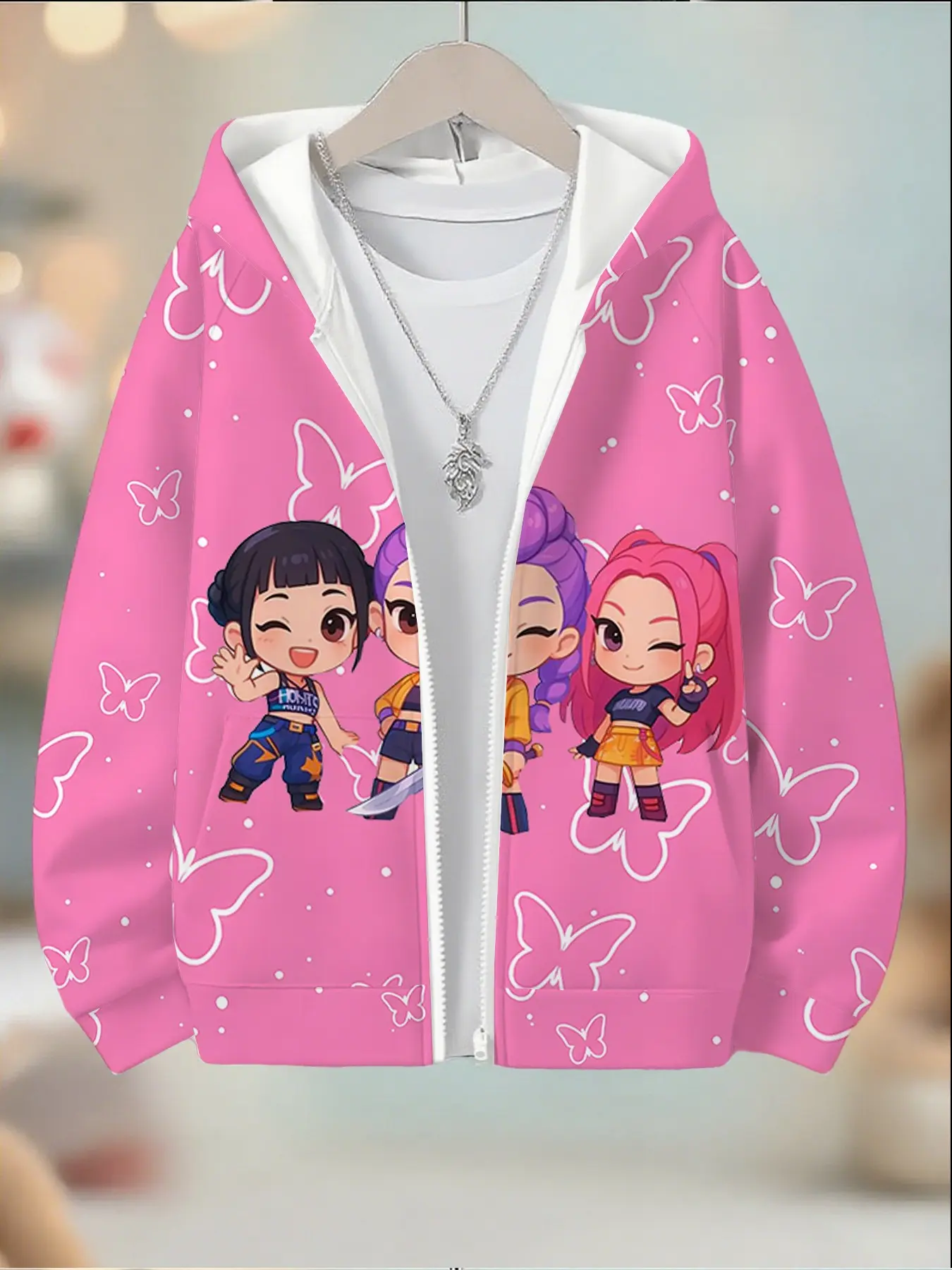 Girls' Spring Fall Zipper Hoodie Jacket, Base Butterfly Cartoon Full Print, Casual Outdoor Wear, Perfect Gift for Christmas Halloween Birthday