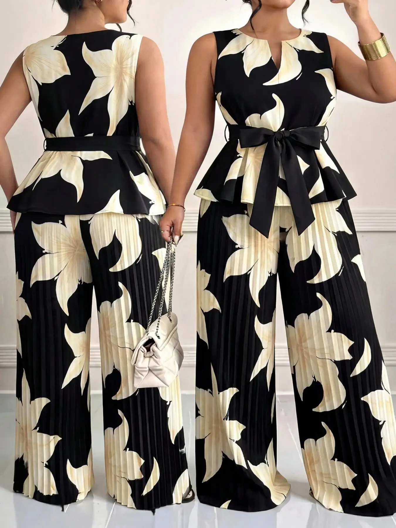 Women's Plus Size 2 Piece Outfits Floral Print Sleeveless Peplum Top Pleated Wide Leg Pants Set Tie Waist V-Neck Plisse Summer Vacation Casual Chic Trendy Feminine Clothes