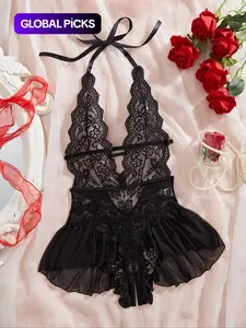 Women's Solid Color Lace Teddy Bodysuit, Sexy Breathable Push-Up Bodysuit for Daily Wear, Women's Lingerie for All Seasons