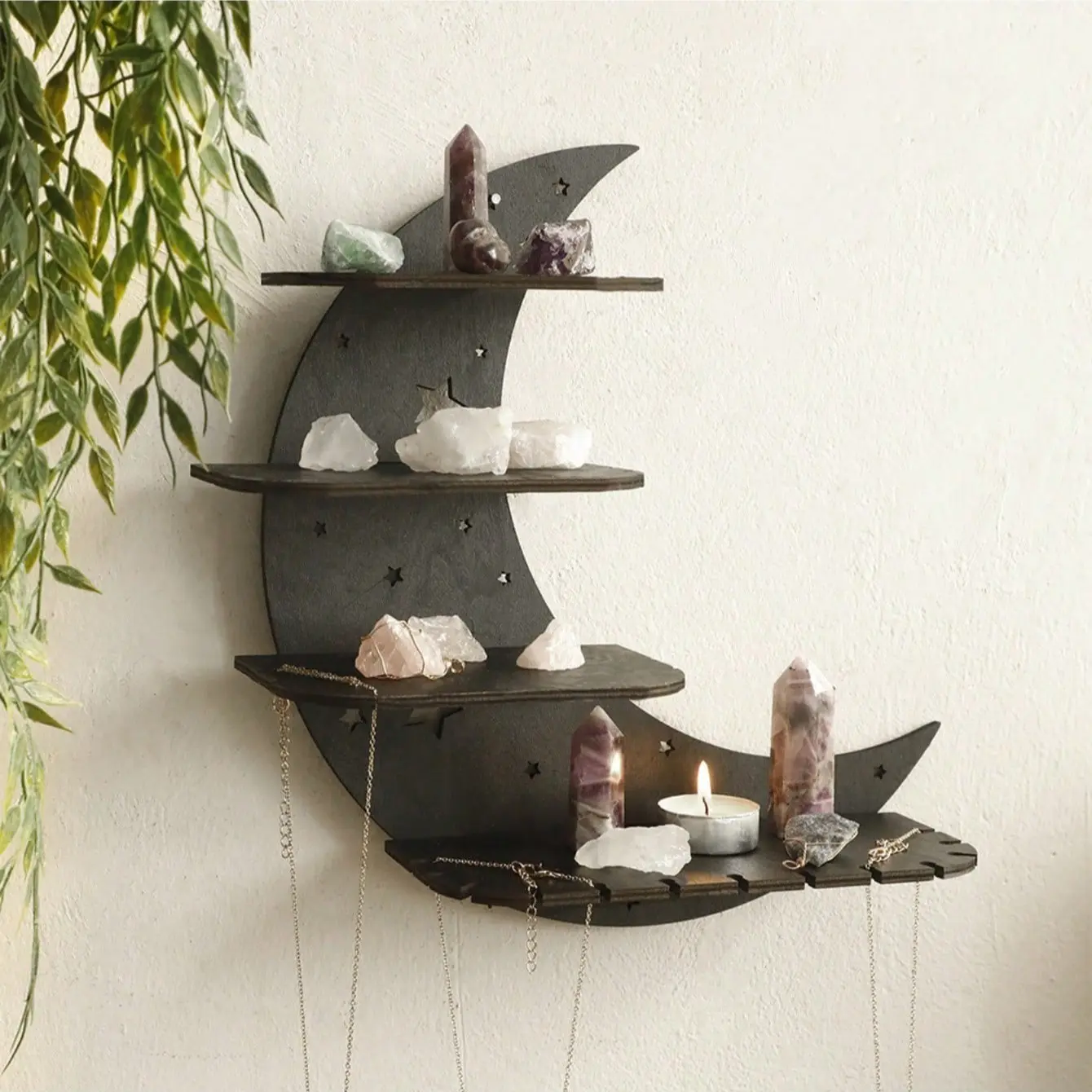 11.8in Crescent Wall-Mounted Shelf with 4 Layers, Wooden Multi-Tier Organizer, Wall-Hanging Candle Holder, Bohemian Home Decor, Wooden Shelf for Wall