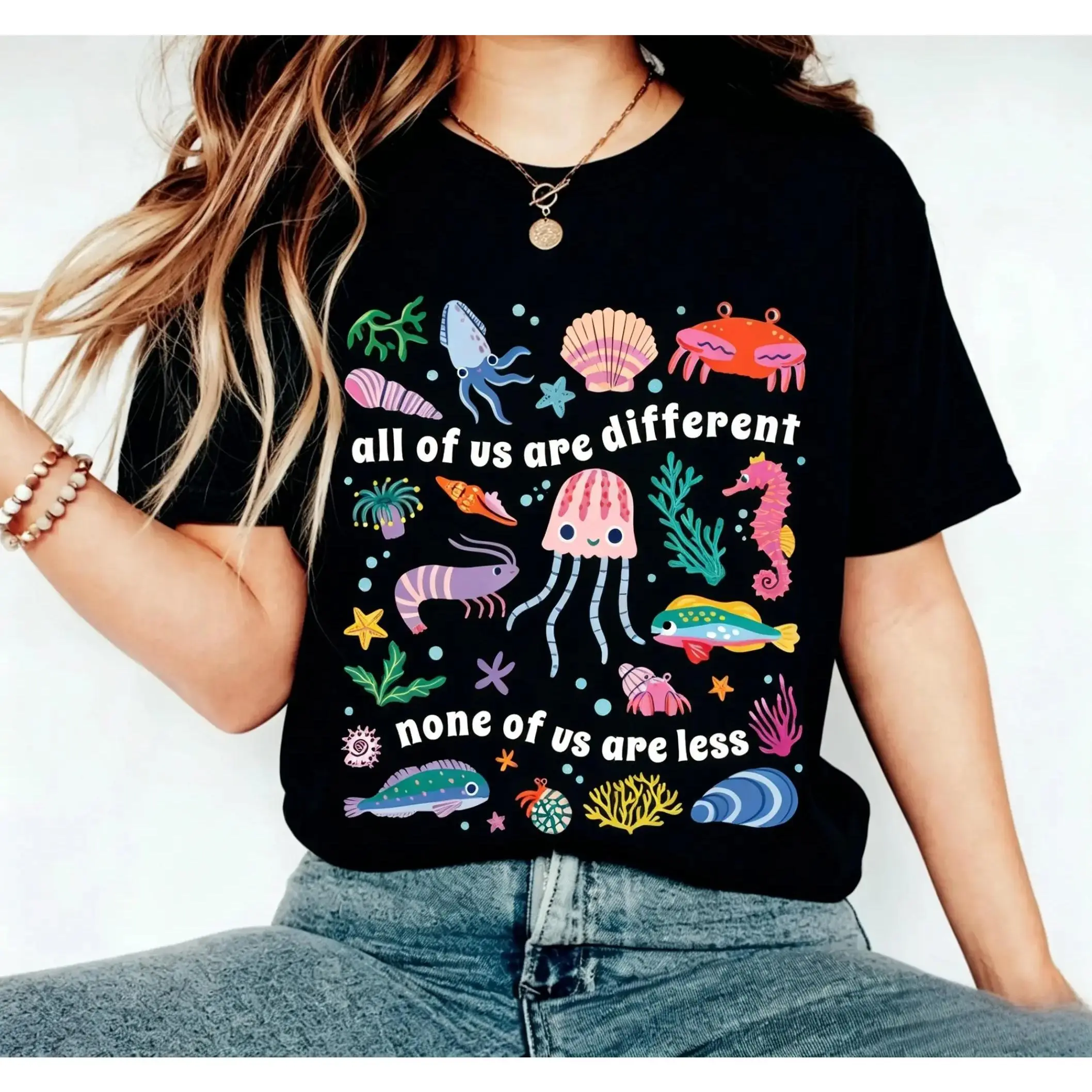 BOLDGUY Inclusion Shirt, Autism T-Shirt, All of Us Are Different Neurodivergent Shirt, Ocean Lover Summer Special Education Teacher Tee,Casual,shirts