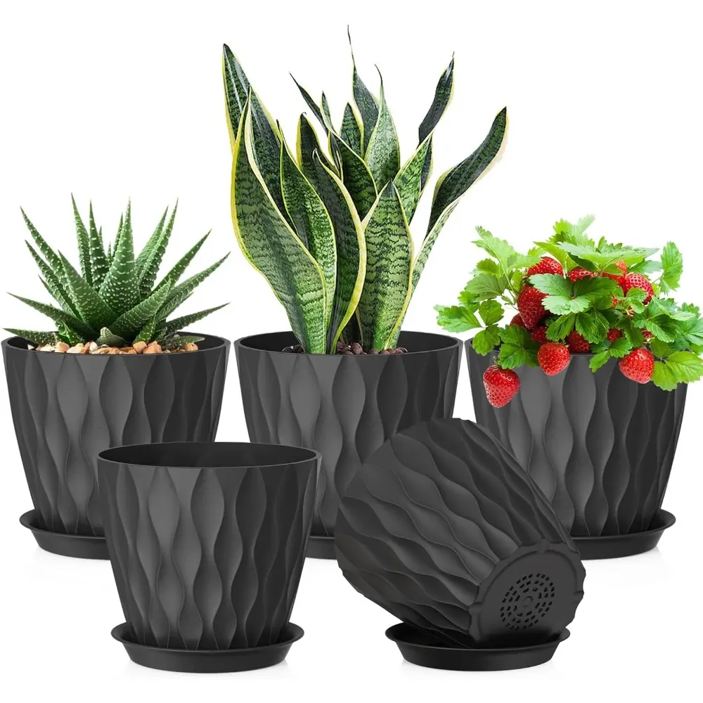 6 Inch Plant Pots for Indoor Outdoor Plants, 5 Pack Thick Nursery Pots with Drainage Holes and Saucers, 3D Modern Wave Texture Small Plastic Planter Flower Pots for Succulent, Herb, Black