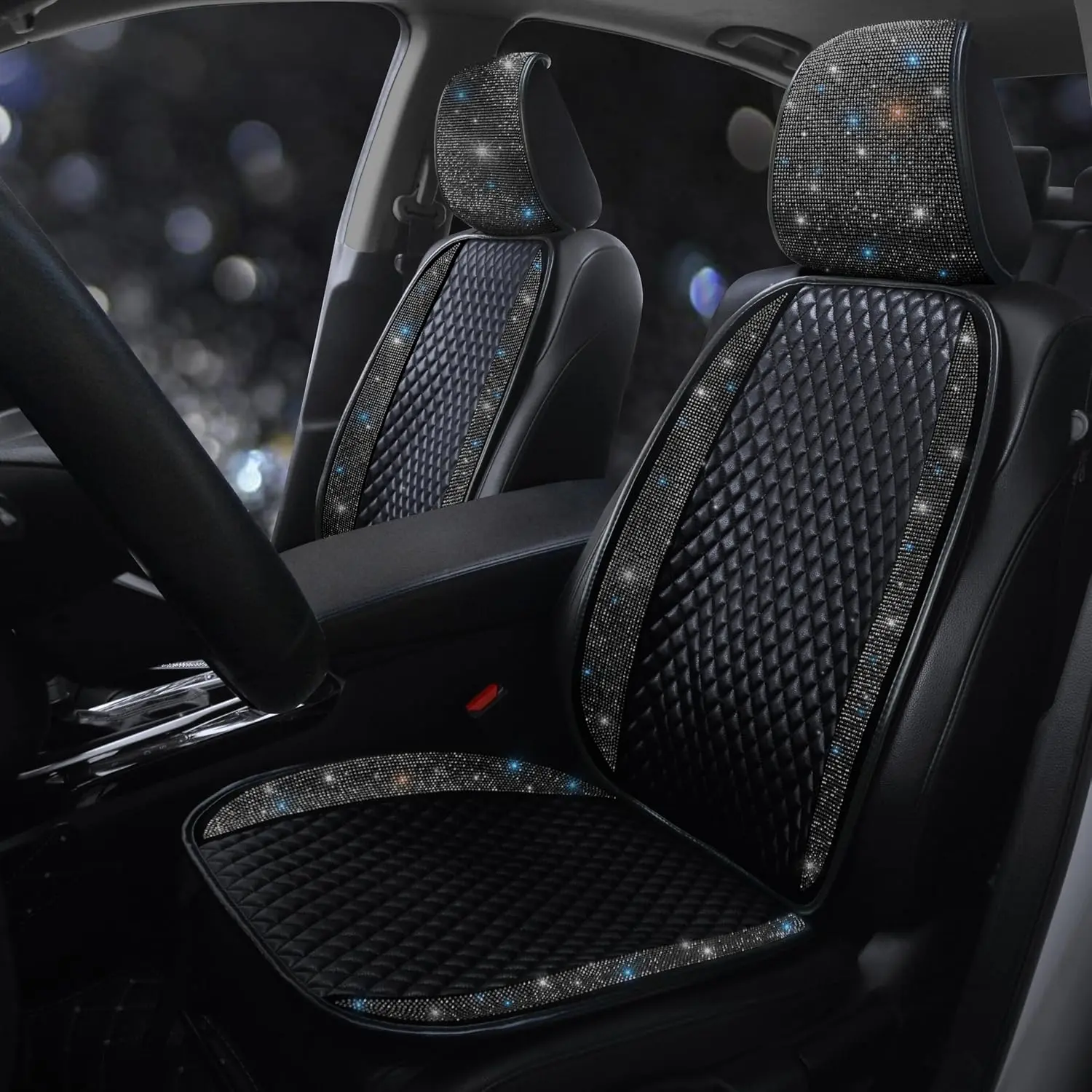 Luxury PU Leather Auto Seat Cover Protector Rhinestone  Glitter  Front Seat Pad Mat Bling Bling   Interior Accessories for Women, Lady -  Fit Black 2Seats