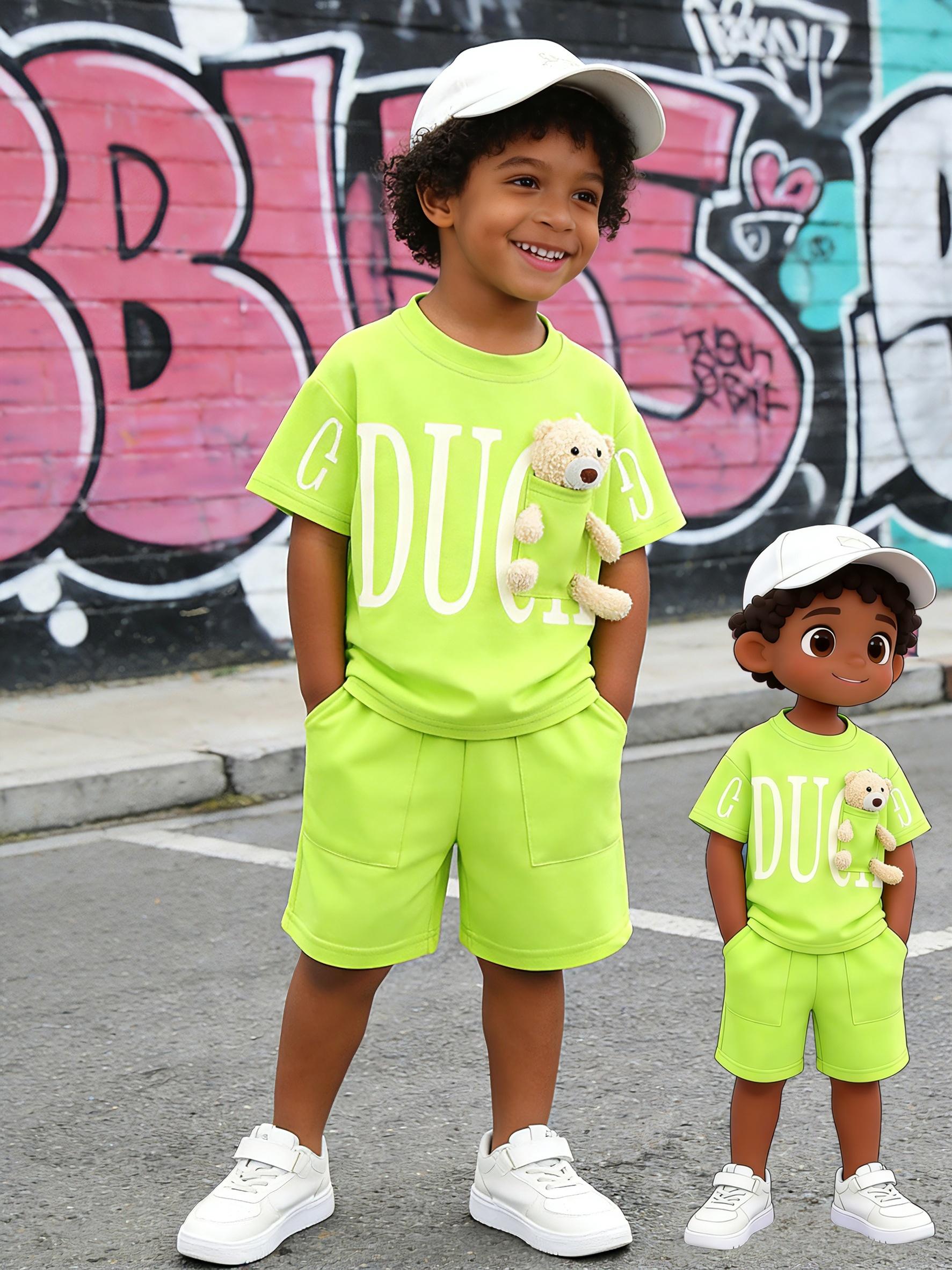 Boys Summer 2pcs Outfit 3D Bear Decor Fluorescent Green Breathable SkinFriendly Fabric Outdoor Play Daily Wear