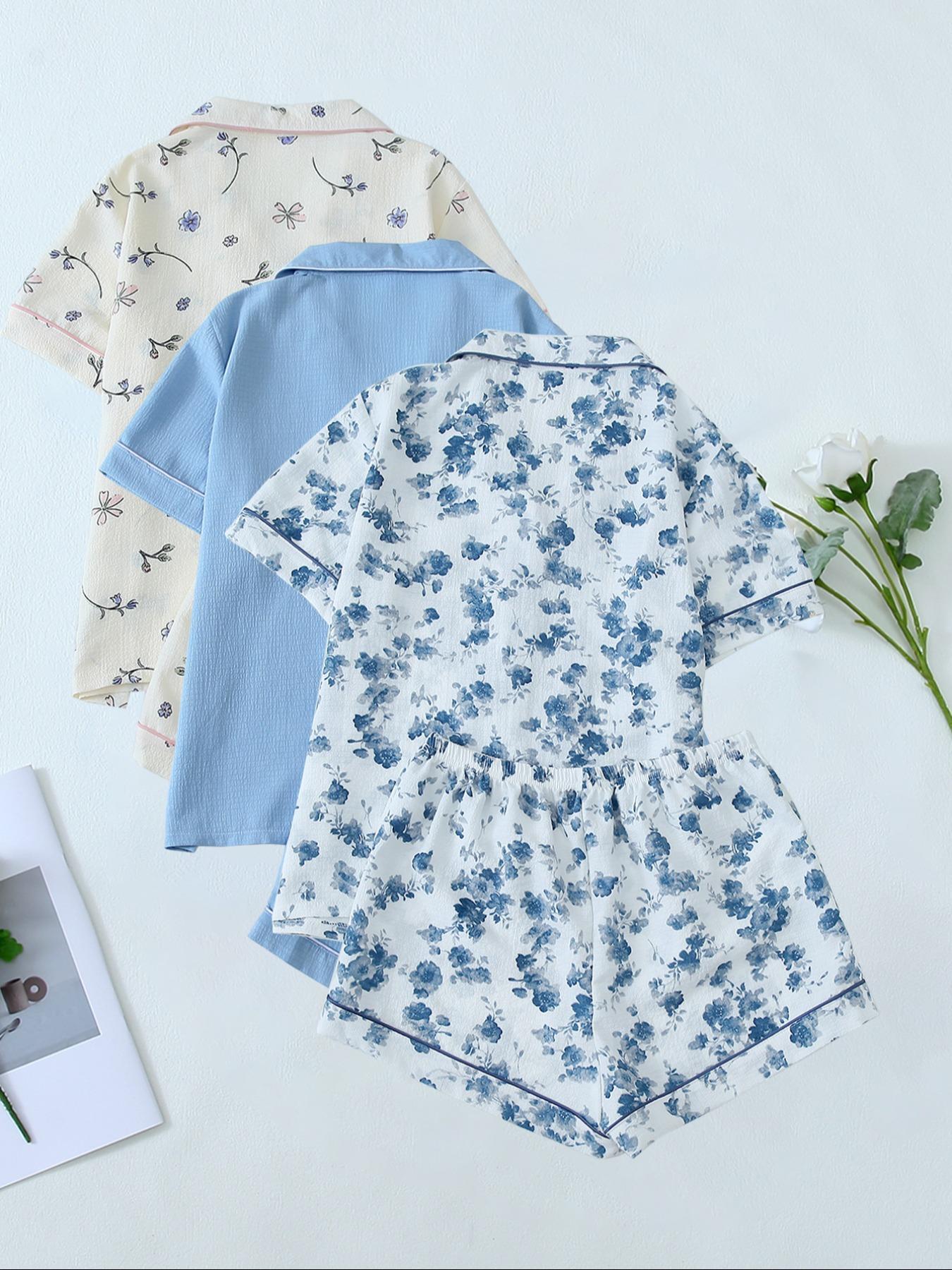 Women's Heart/All Over Fruit Print Contrast Binding Pyjama Set, Short-Sleeve Lapel Neck Button Up Top & Elastic Waist Shorts PJ Set, Casual Comfy Loungewear Set for Women, Nightwear Pajamas