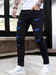 Men's Elastic Slim Fit Jeans, Hip Hop Street Fashion, Ripped Patch Design, Casual All-Season Wear, Perfect for Outdoor Activities