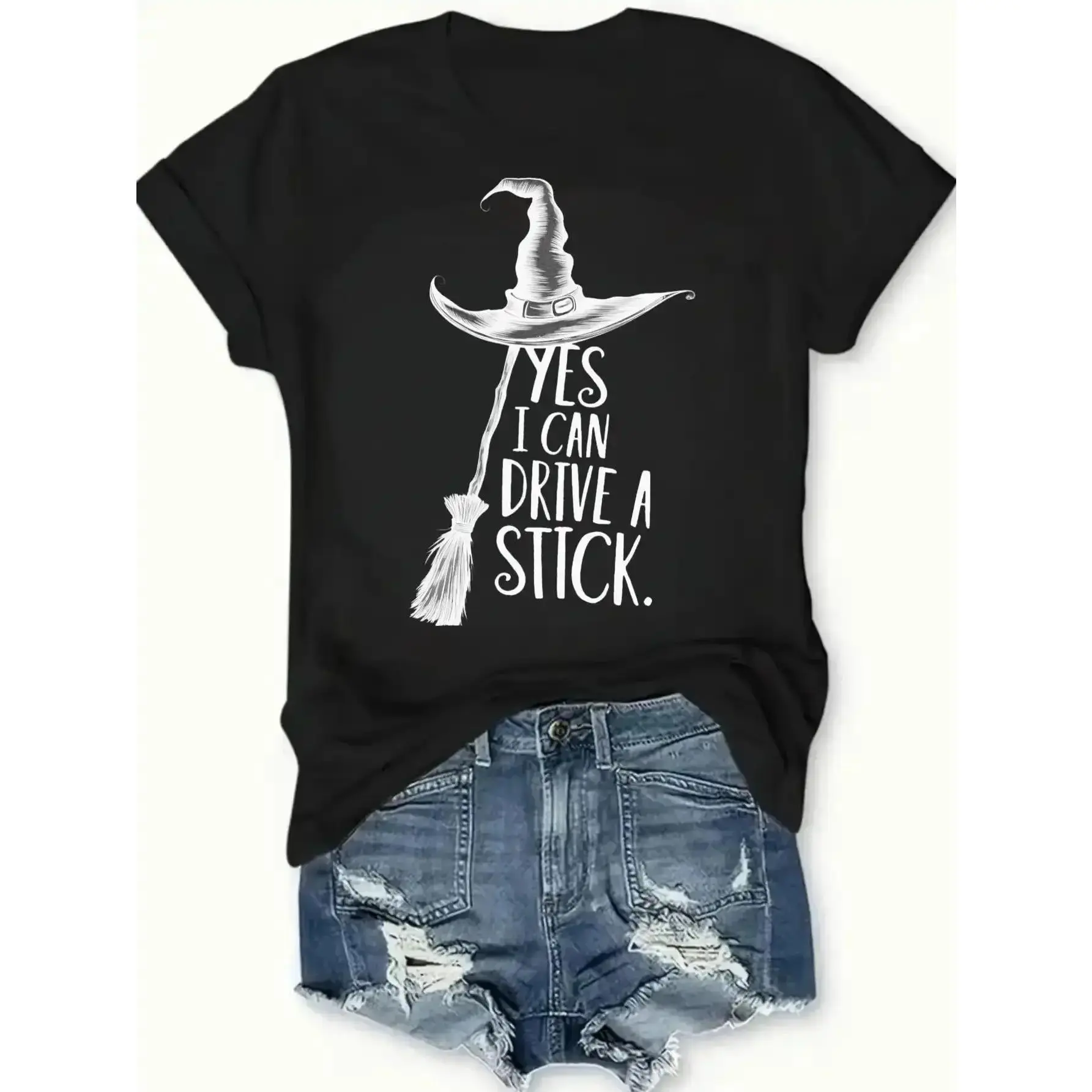 Women's Yes I Can Drive a Stick Witch Graphic T-Shirt, Casual Oversized  Short Sleeve Top for Spring Summer