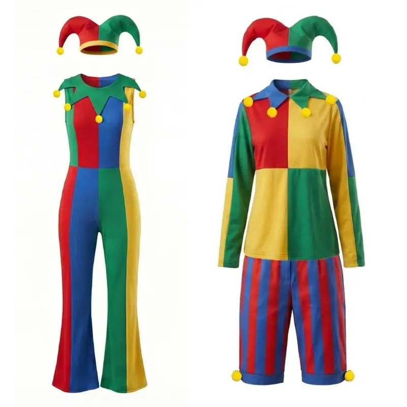 Anime Clown Cosplay Costume Jumpsuit Hat Long Sleeve Top Pants Full Set for Women Men Role Play Outfit Theme Party