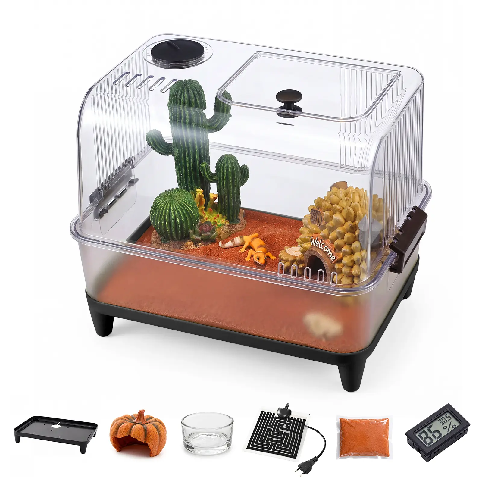 Acrylic Glass Reptile Tank Starter Kit - Compact Desktop Enclosure with Hideout, Food Bowl, Heating Pad & Hygrometer, Terrarium Supplies for Tarantulas, Lizards