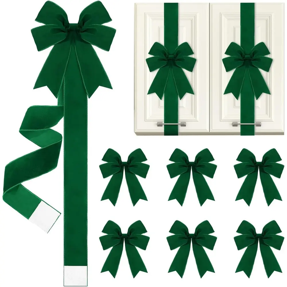 6 pieces of cabinet door bow, Christmas green ribbon bow, used for window and kitchen decoration, Christmas party supplies (6 pieces in green, one size)