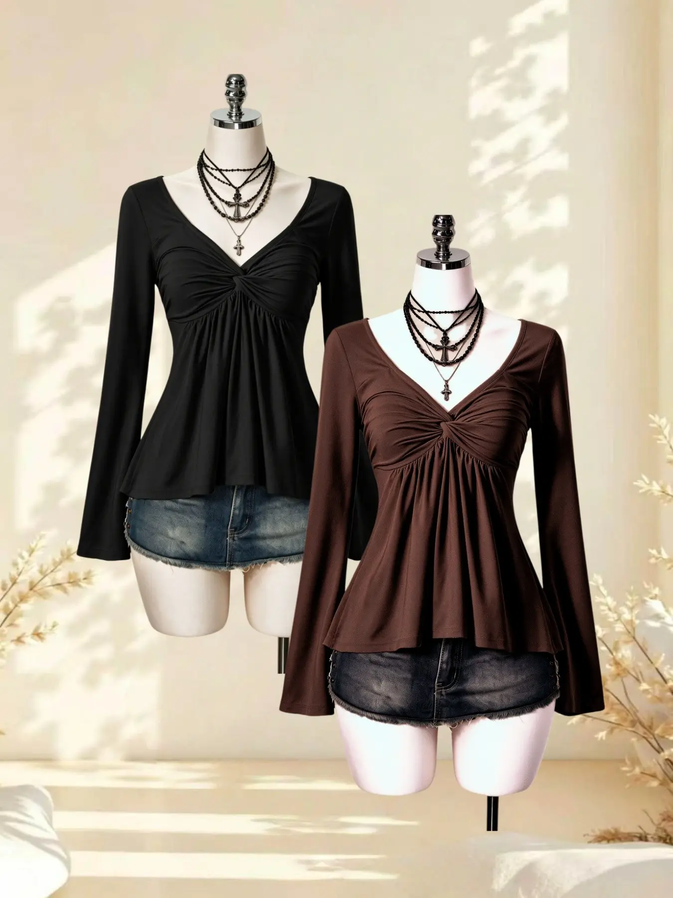 Soft Pure Desire Knot V Neck Flared Long Sleeve Top Set, Two-Piece, Fall & Winter Fashion, Slim-Fitting Casual Wear