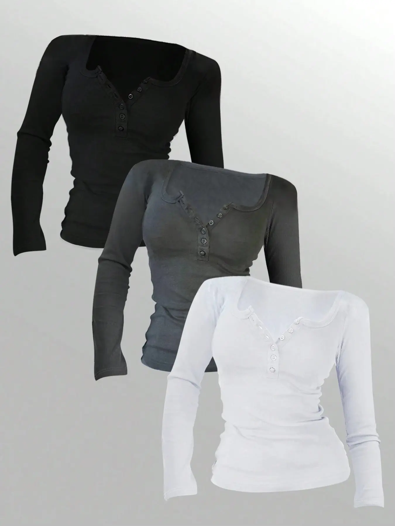 Women Figure Hugging Slim Waist Ruched Half Button Henley Neck 3 Pack Long Sleeve Basic Tops Figure Flattering Bodycon Fit Street Layering Daily Workout Dating Travel Shopping Night Out Wardrobe Staple Form Fitting Casual Going Out Multi Occasion Wear