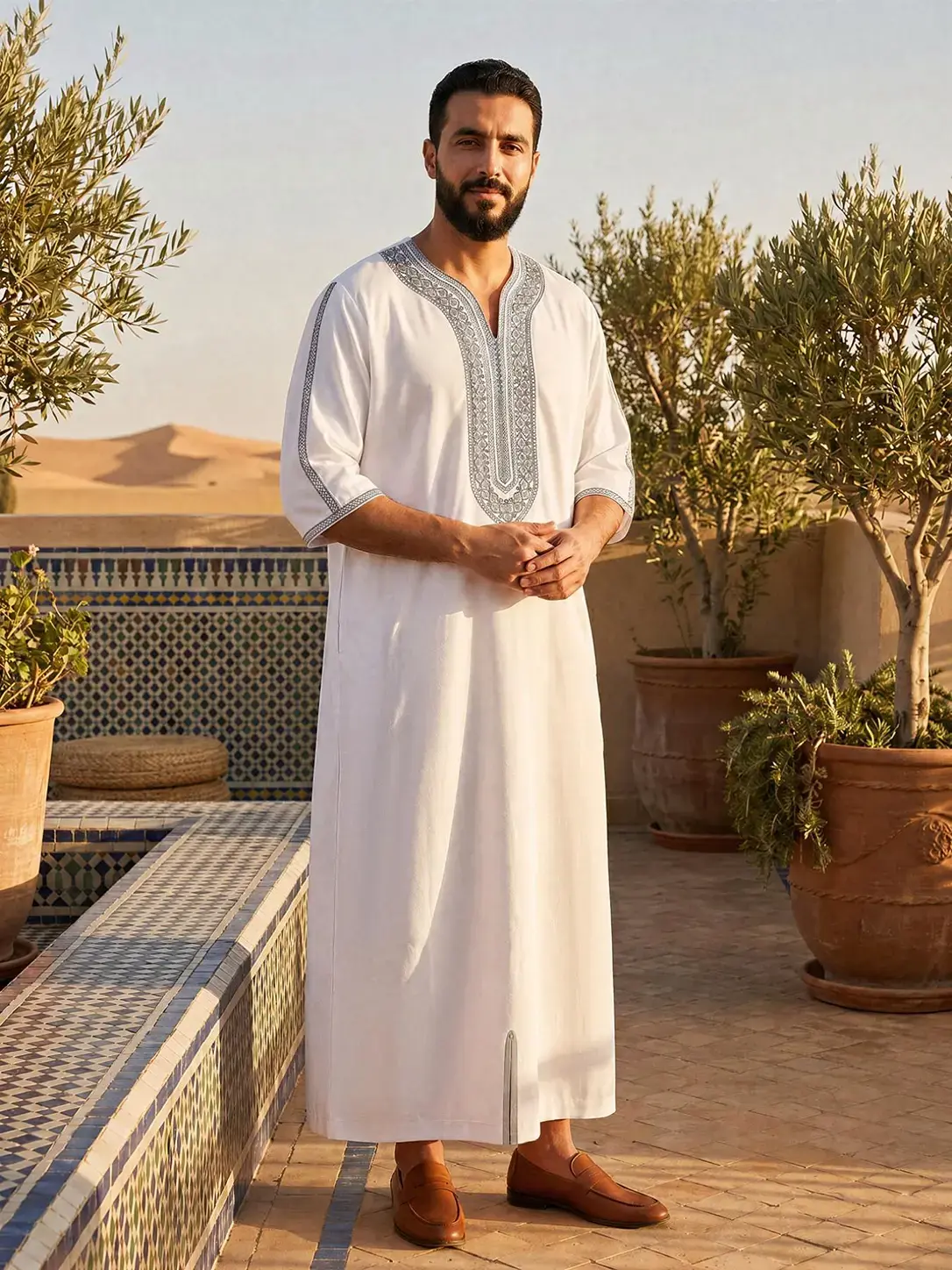 Moroccan Traditional Men's V-Neck Embroidered Long Robe Jubba Thobe Muslim Thobe, Islamic Thobe, Classic Loose-Fit All-Over Print, Ideal for Festivals and Gifts