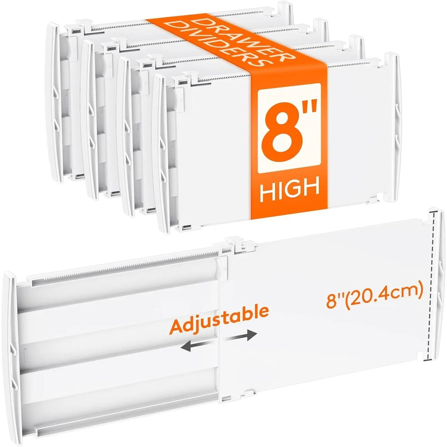 8" Tall 4 Pack Drawer Dividers, 13.8"-22.2" Adjustable Deep Drawer Organizer Clothes, Expandable White Plastic Separators for Dresser, Kitchen, Cabinet, Closet, Office Organization & Storage