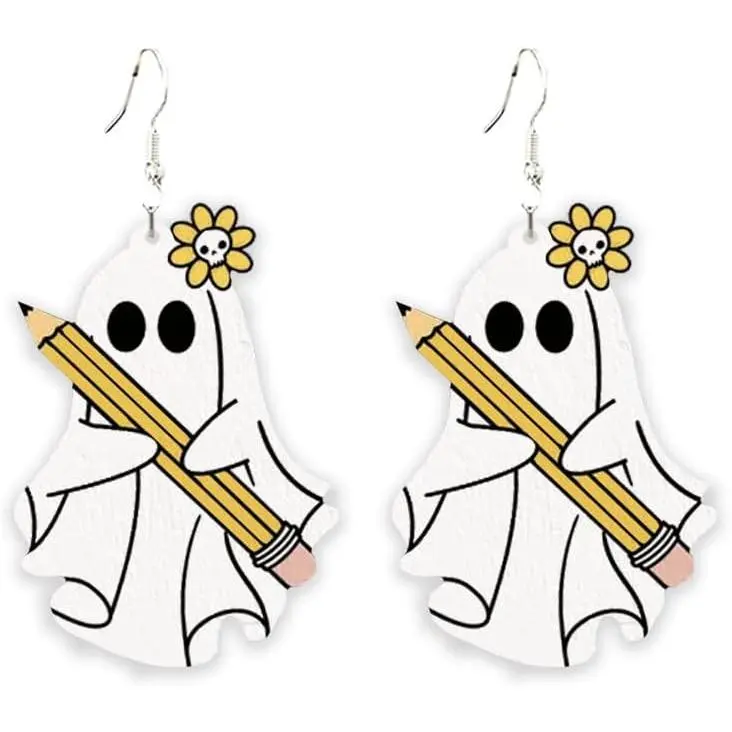 Women's Halloween Cartoon Print Wooden Pendant Earrings - Cute Pumpkin Skeleton Ghost Shape Design for Female Wear, Halloween Parties, Women's Fashion, Cartoonish, Cute Look, Printed, Single Pair, Synthetic