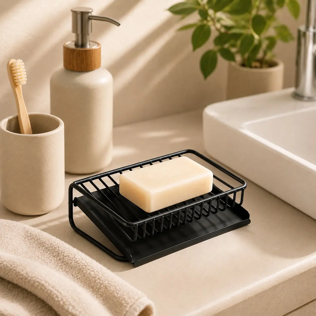 Two-Tier Soap Dish with Water Tray, No-Drill Soap Holder for Bathroom Sink, Kitchen Faucet Compatible, Durable Design