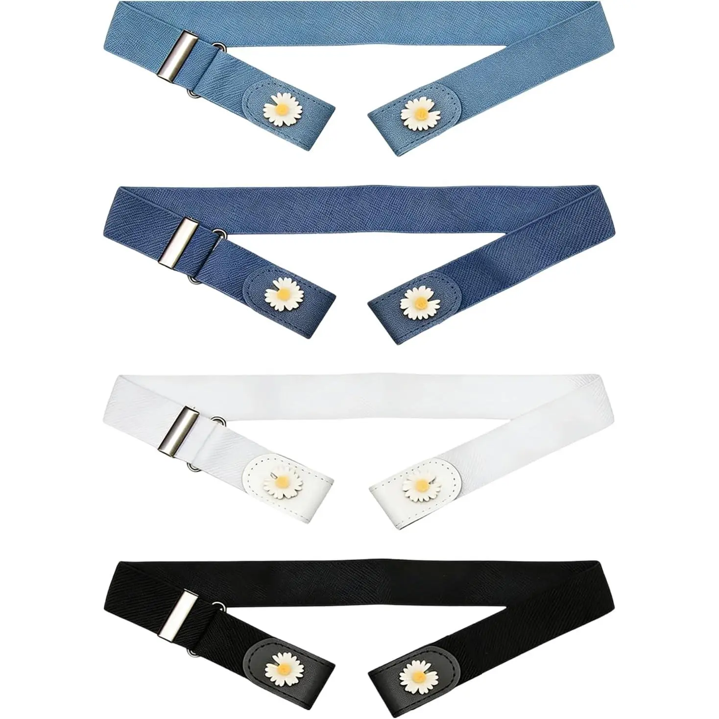 4 Pack Buckleless Belts for Women Stretch Elastic No Buckle Belt Invisible  Belt with Denim Floral Design Womens Stretch Belts for Jeans Pants Black White Light Blue Navy Blue