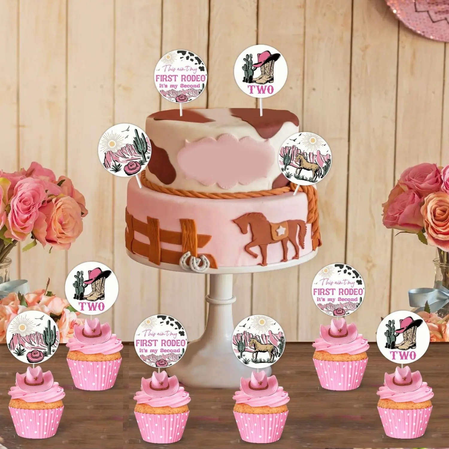 1Set Western Cowgirl 2anniversary Birthday Decor 24Pcs This Aint My First Rodeo Cupcake Toppers 2anniversary Rodeo Cowgirl Cactus Cupcake Toppers Cowgirl Pink Cupcake Toppers Supplies for Girls 2anniversary Birthday