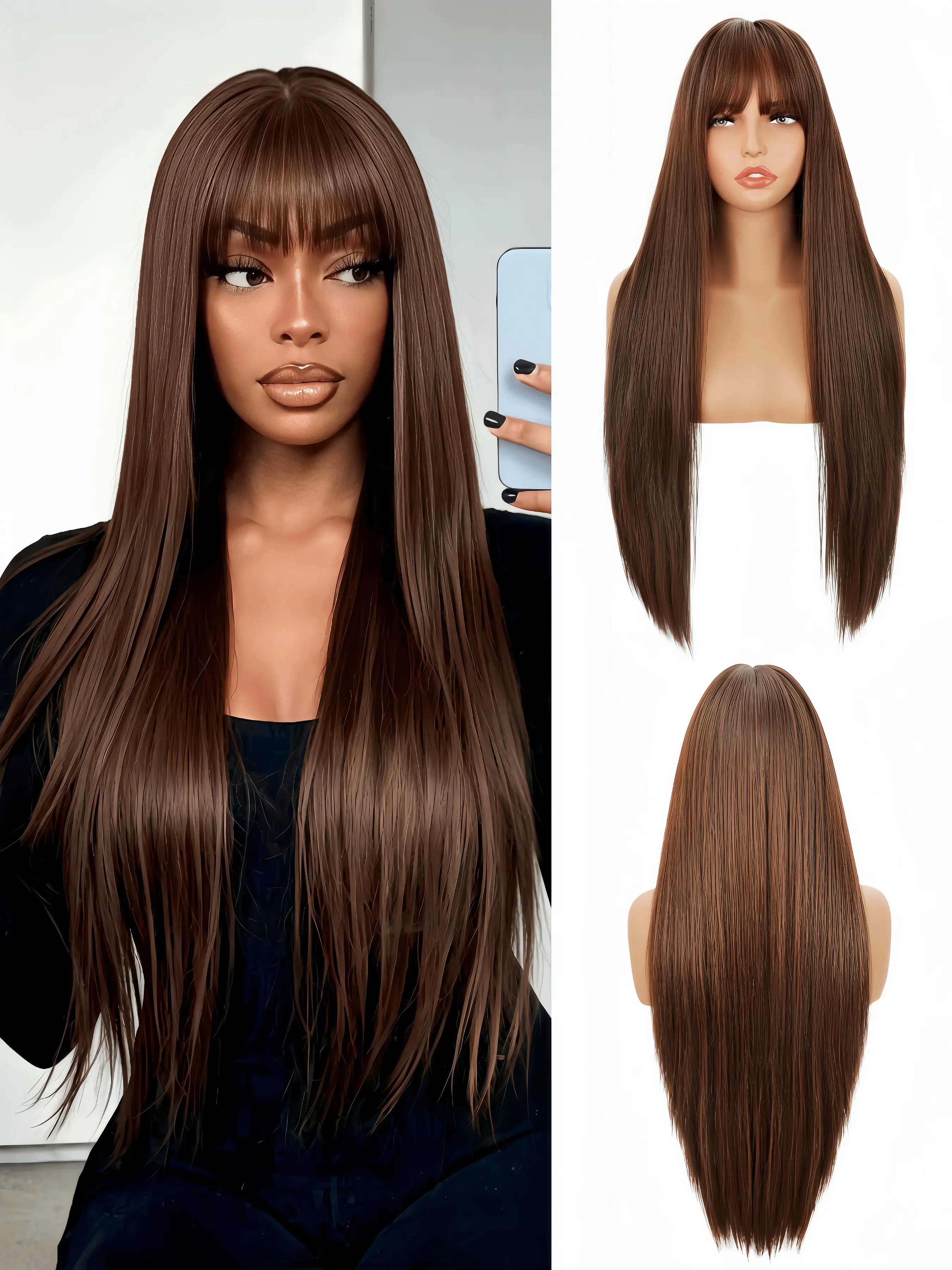 30 Inch Long Straight Wig with Bangs for Women – Premium Chocolate Brown Synthetic Wig, Natural Looking Layered Hair with Real-Scalp Top, Heat Resistant High Temperature Fiber Glueless Straight Wigs Daily Wig