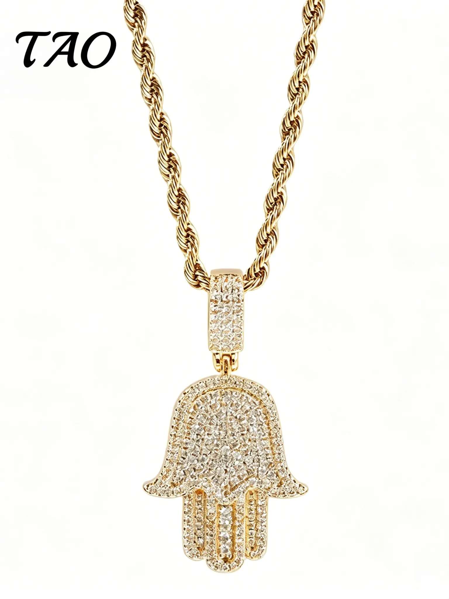 TAO-Creative Zircon Embedded Fatima Hand Pendant Jewelry Necklace, 24-Inch Braided Chain, Hip Hop Style, Luxurious and Versatile, All Seasons Wear