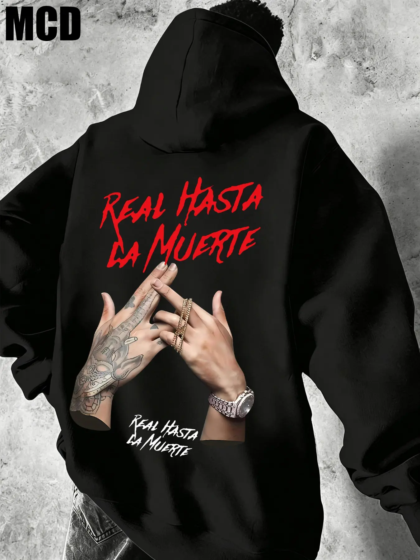 Men's Street Style Long Sleeve Hoodie Knit, Real Hasta La Muerte Graphic Prints Design, Loose Fit Casual Wear, Fall & Winter Fashion, Comfortable Daily, Sweatshirts, Menswear