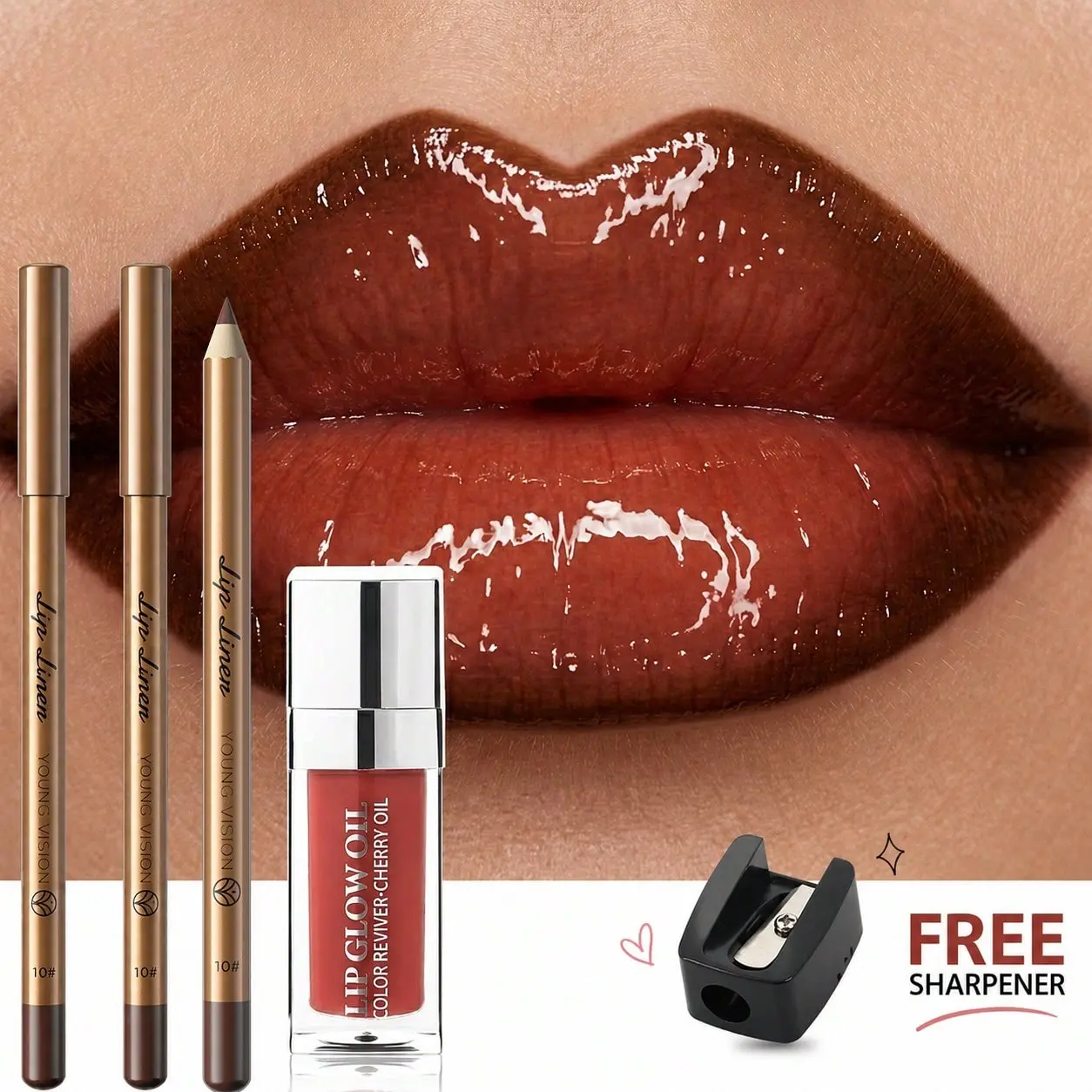 5Pcs Lipcombo Set, 3 Matte Pointed Lip Liners For Lip Shaping, 1pc Moisturizing Mirror Lip Gloss, 1pc Built-In Lip Sharpener, Create Plump Glossy Lips, Suitable For Daily Office Party Photogenic Lip Cosmetics