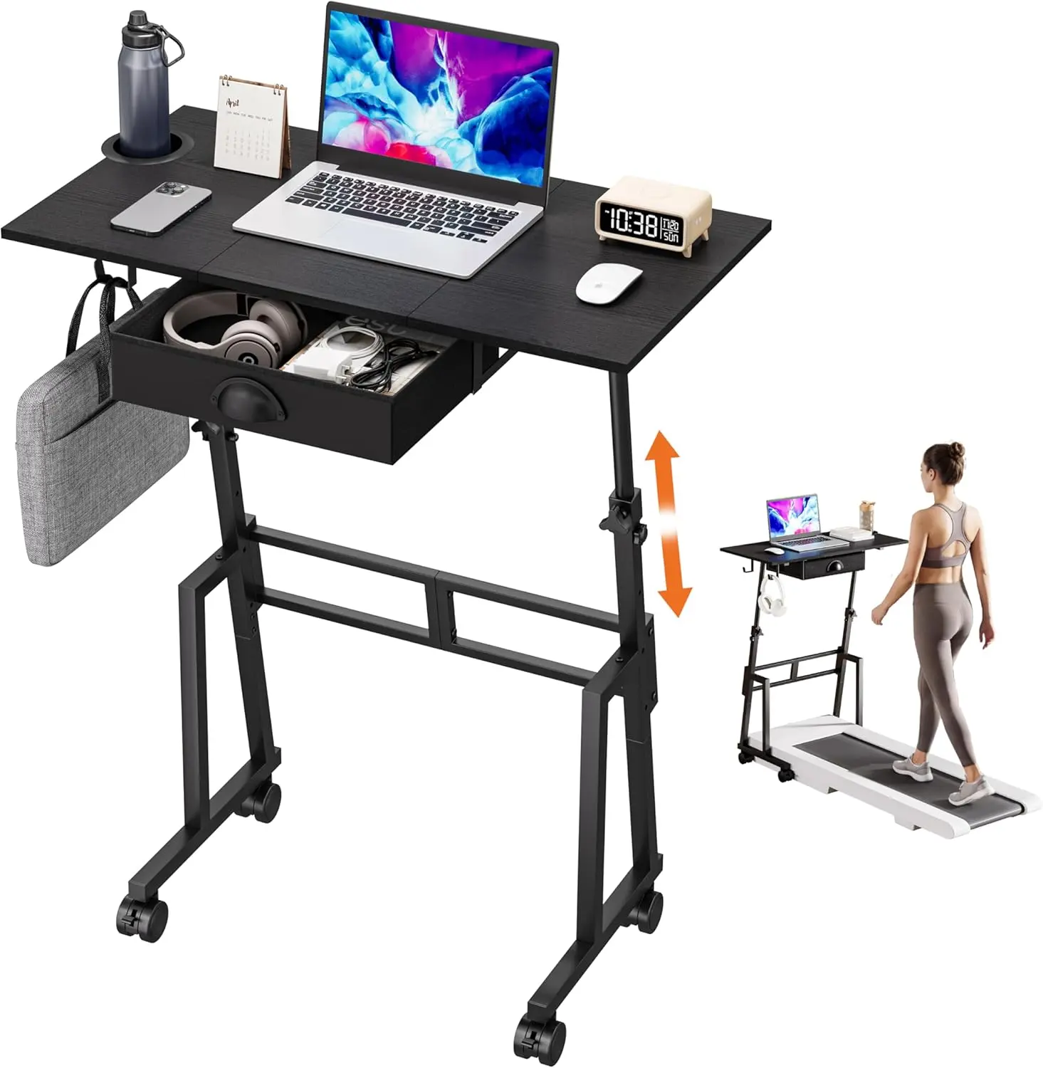 Adjustable Height Standing Desk with Drawer, Rolling Sit to Stand Up Desk with Wheels Height 31.5"-43.3" Small Mobile Laptop Standing Desk for Treadmill Walking Pad, Movable Classroom Podium (Black)