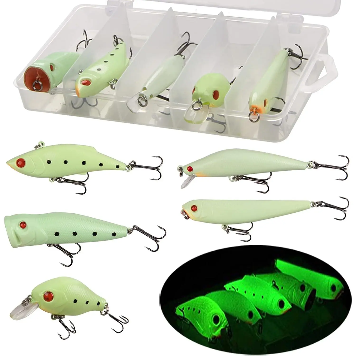 Glow Fishing Lures  Kit Luminous VIB Popper Crank Minnow Pencil Hard  with Treble Hook Night Fishing  Tackle Box