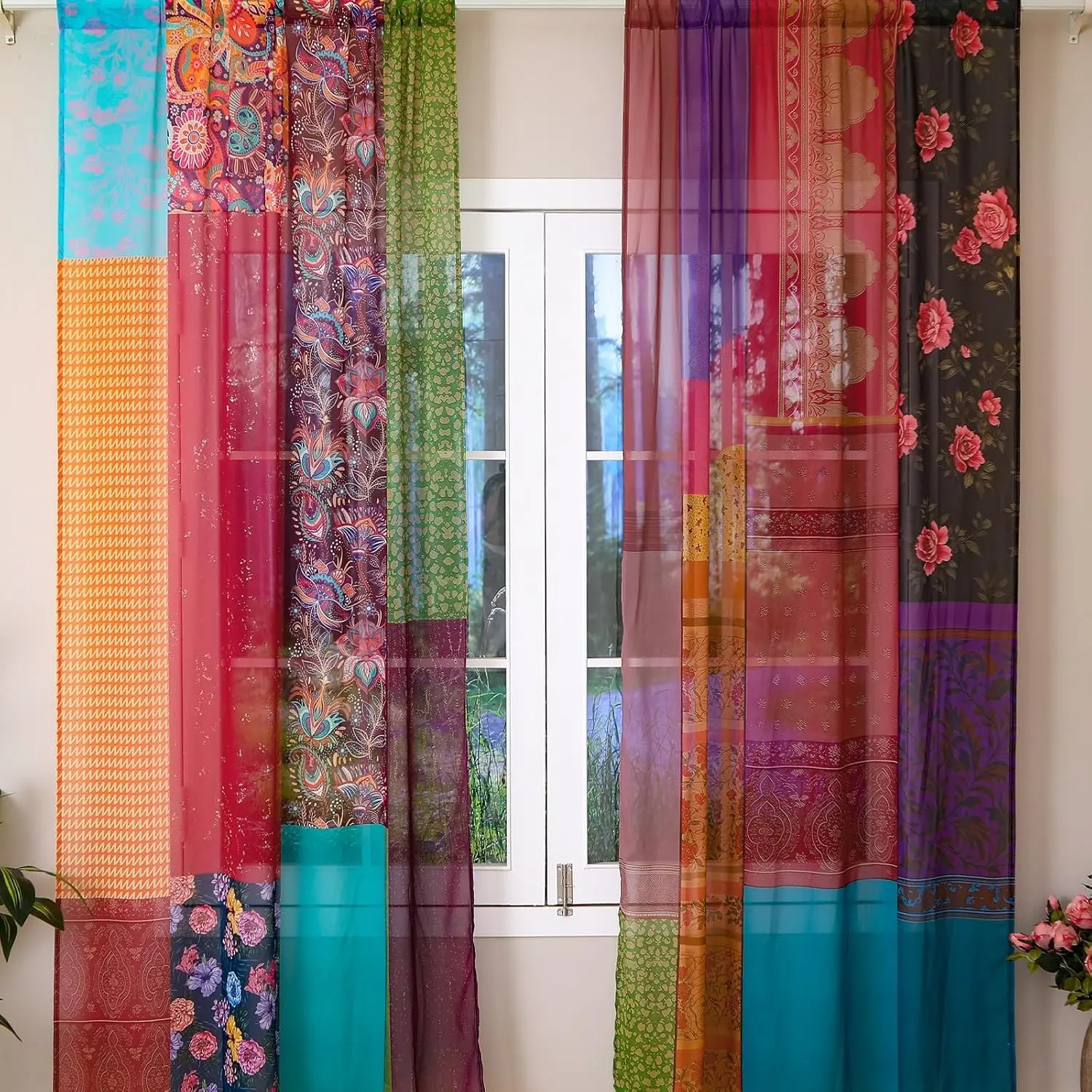 Indian Old Silk Blend Sari Curtains 1 Pair of 82 x 82 Inches Indian Imitation Patchwork Curtains Vintage Silk Blend Sari Multi Color Handmade Drapes Home Livingroom Bedroom Decor Curtain Panels